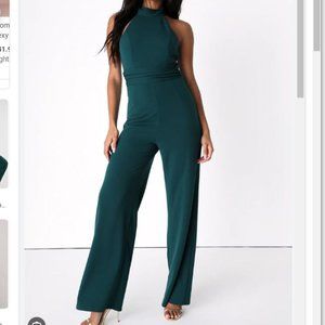 Forest Green Halter Backless Wide-Leg Jumpsuit